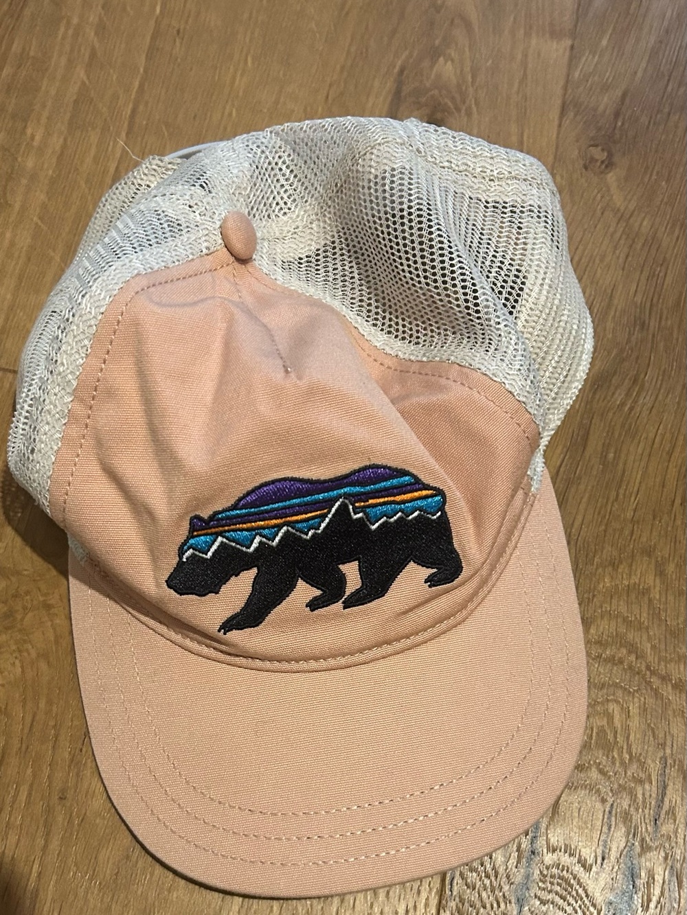 Patagonia Peach Mesh Trucker Hat with Embroidered Bear